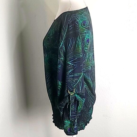 Michael Kors Green Peacock Blouse, Wide Elastic Waistband, Size Large - Picture 7 of 10